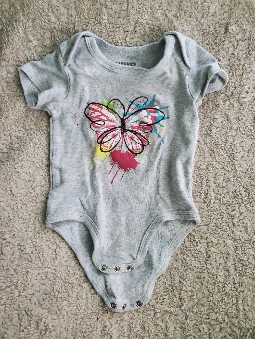 Gray Baby One-Piece Bodysuit with Colorful Butterfly Graphic - Size 12m